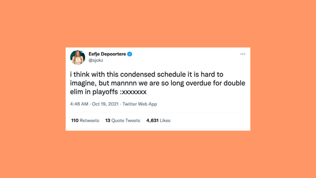 Host Sjokz tweets about wanting a double elimination format for the Worlds 2021 playoffs.
