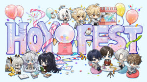 The Hoyo Fest 2021 official poster, featuring miHoYo games Honkai Impact 3rd, Tears of Themis, and Genshin Impact.