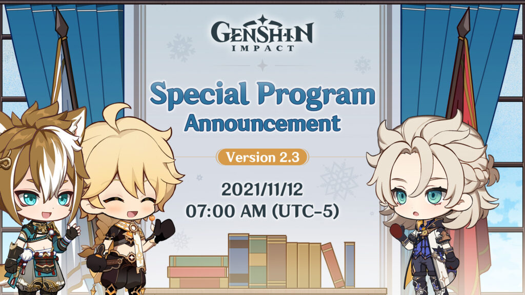 The Genshin Impact Version 2.3 Special Program featuring Aether, Gorou, and Albedo.