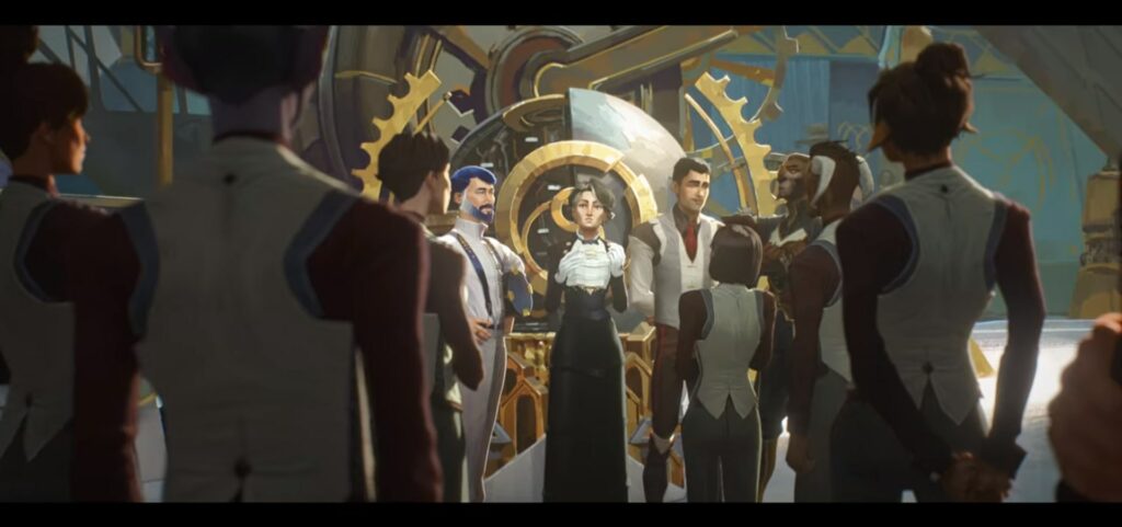 Citizens of Piltover celebrating Progress Day, including Vastayans