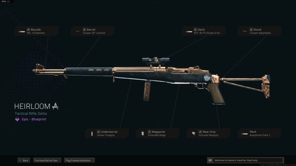 Attachments of the M1 Garand Heirloom blueprint in Call of Duty Warzone