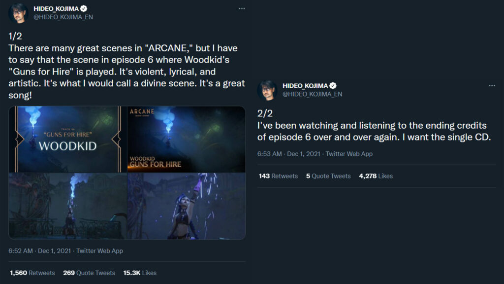 Hideo Kojima tweet about the best scene and song in Arcane