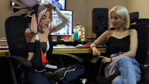 True Damage Akali together with Soyeon of (G)I-DLE.