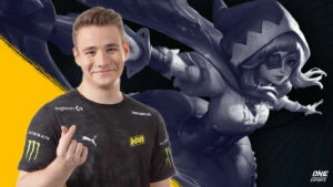 ONE Esports graphic showing Navi's EXP laner Defender and Mobile Legends hero Ruby