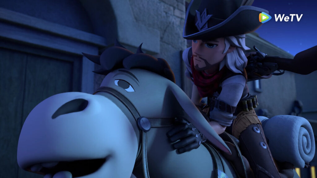 Clint rides a donkey in the Mobile Legends anime "Legends of Dawn: The Sacred Stone".