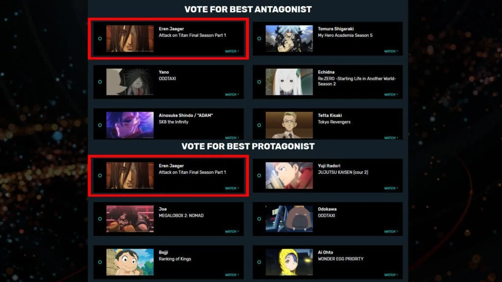 Eren Jaeger competes with himself as the best anime protagonist and antagonist at The Anime Awards