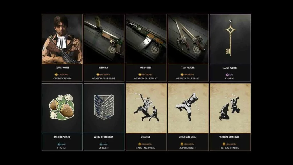 Items included in the Levi Ackerman operator skin bundle