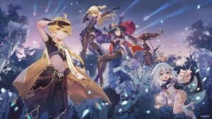 Official art of Traveler, Mona, and Fischl in Genshin Impact
