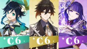 Teyvat archons featuring Venti, Zhongli, and Raiden Shogun in Genshin Impact
