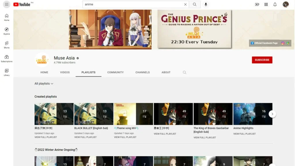 You can watch anime for free on Muse Asia's YouTube channel