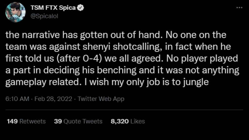 TSM Spica tweets clarification on Shenyi's benching