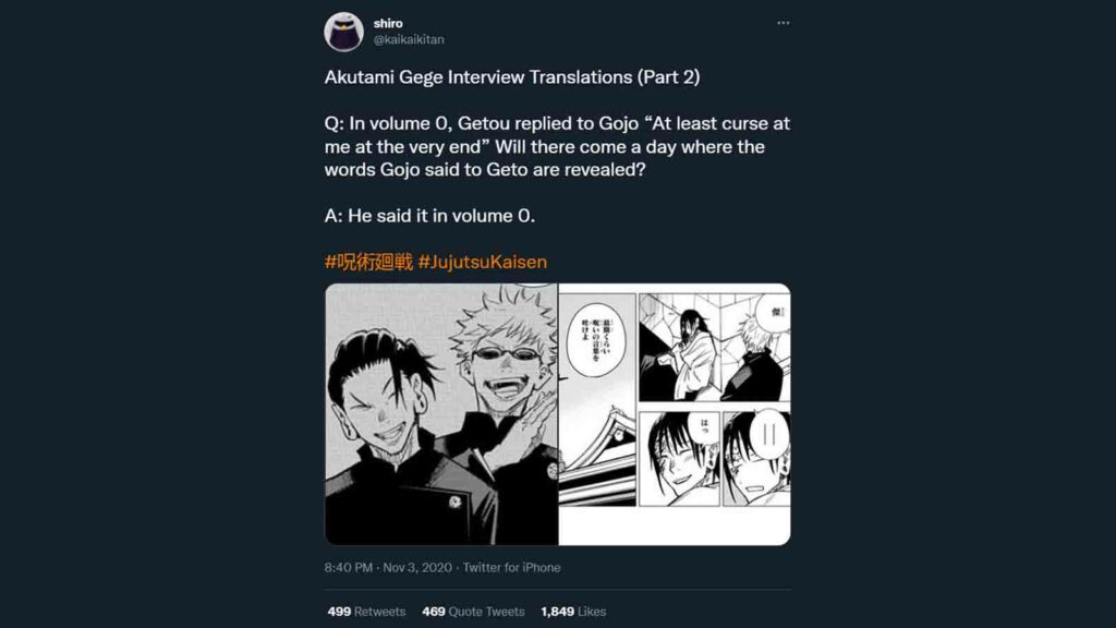 Screenshot of @kaikaikitan's Tweet about Gege Akutami talking about Jujutsu Kaisen 0's ending