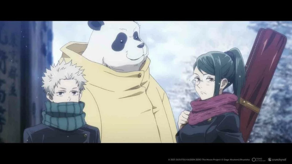 Jujutsu Kaisen 0 the movie featuring Toge Inumaki, Maki Zenin, and Panda