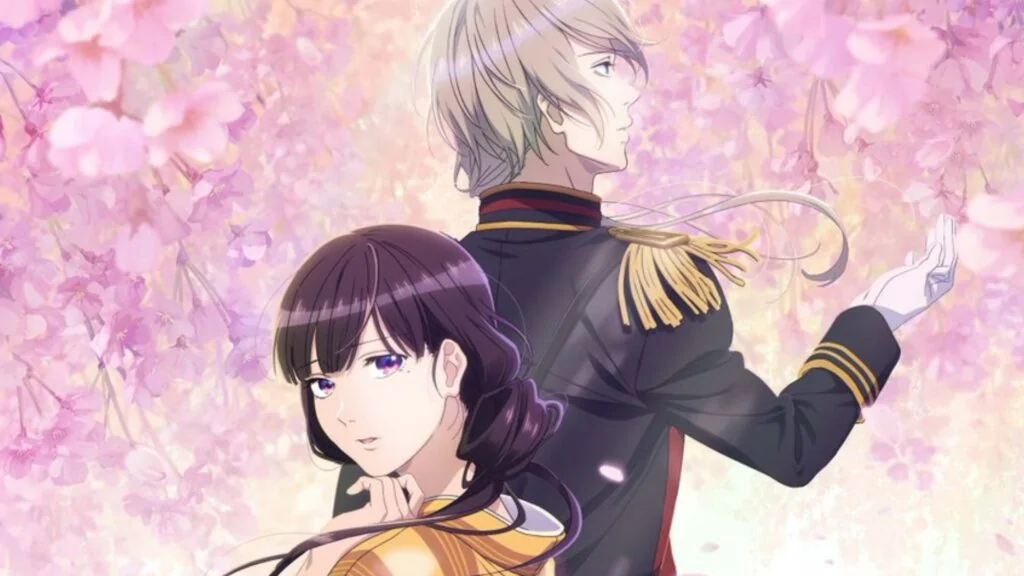 My Happy Marriage anime key visual featuring characters Miyo Saimori and Kiyoka Kudou
