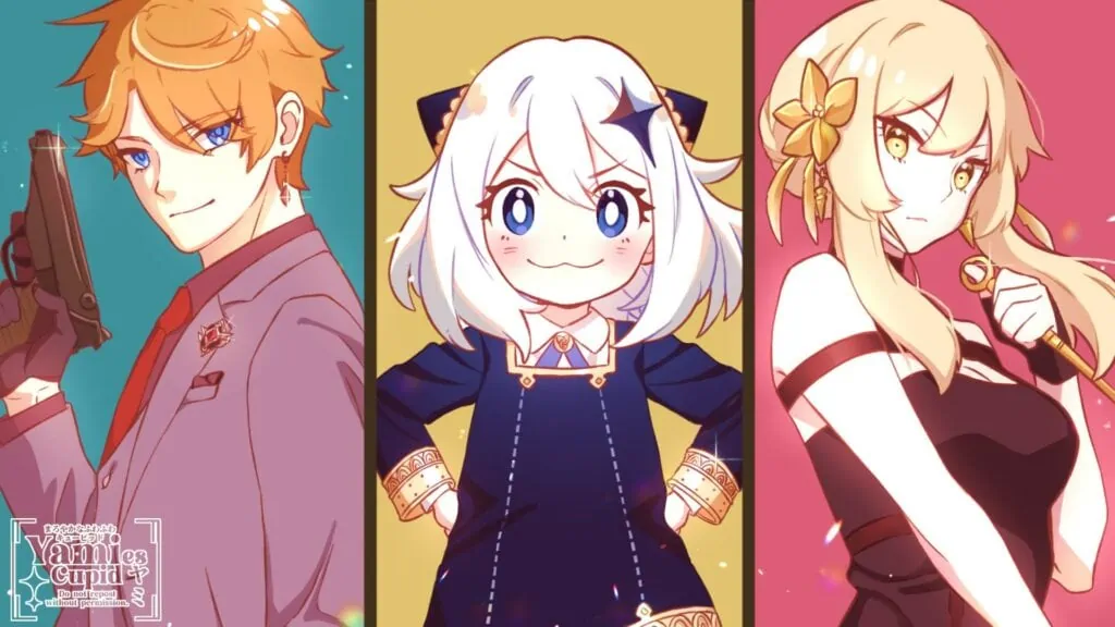 Genshin Impact fan art featuring ChiLumiMon (Childe, Lumine, and Paimon) in Spy x Family anime style art
