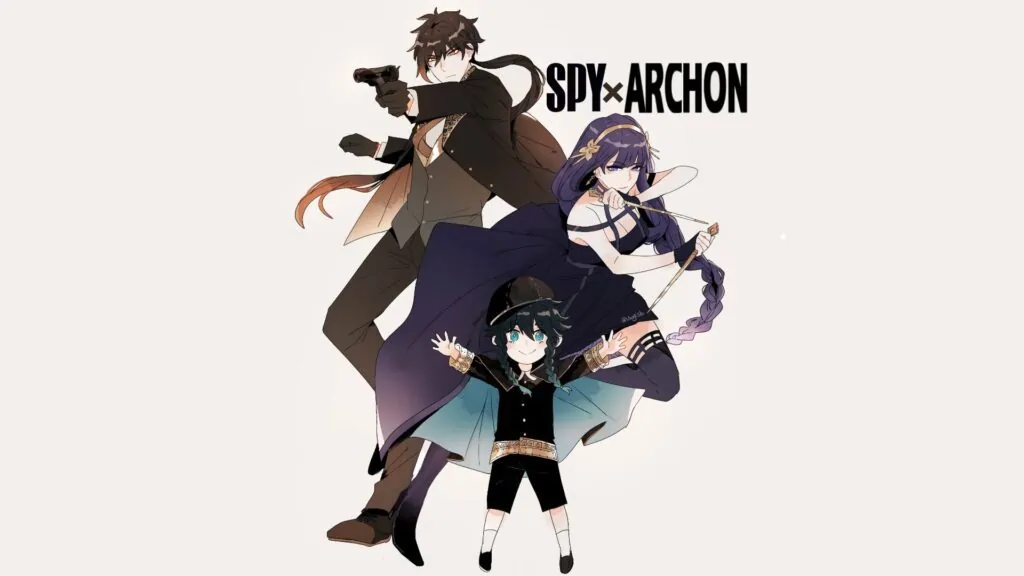 Spy x Family and Genshin Impact fan art featuring the Archons Zhongli, the Raiden Shogun, and Venti