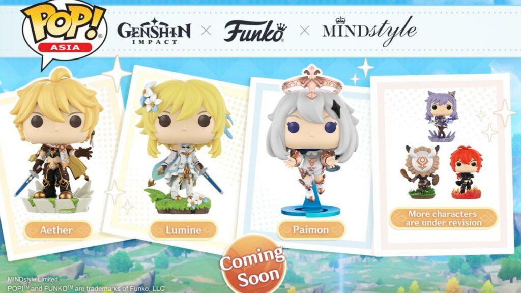 Genshin Funko Pops featuring the traveler twins Aether and Lumine and their companion Paimon