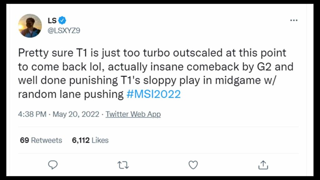 LS tweets about first T1 vs G2 Esports match in MSI 2022 Rumble Stage