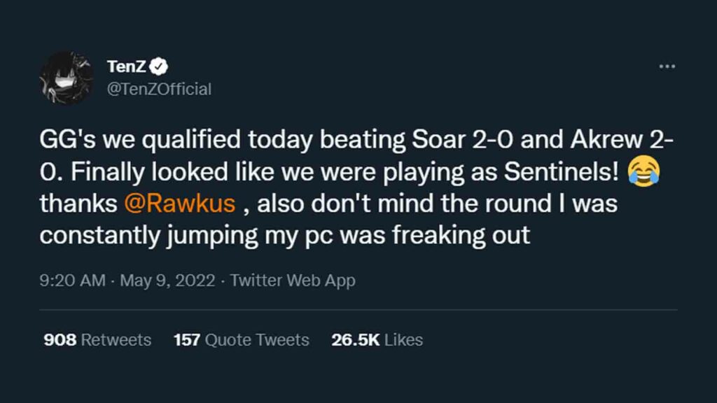 TenZ tweeting about VCT NA Stage 2 2022 open qualifier playoffs perfect run