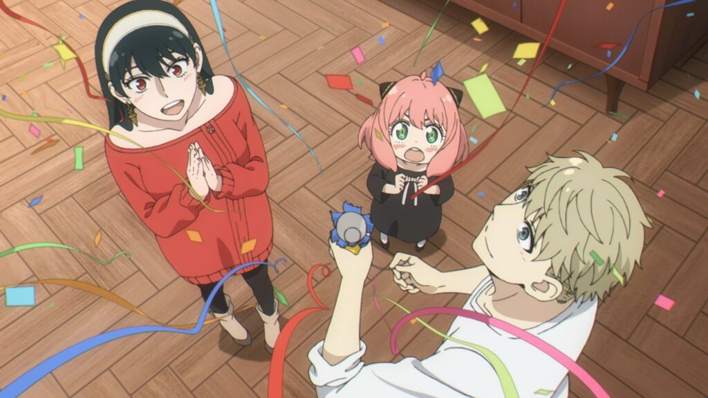 Yor, Anya, and Loid Forger celebrating in Spy x Family anime series