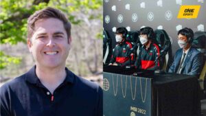T1 CEO Joe Marsh next to T1 players and coach