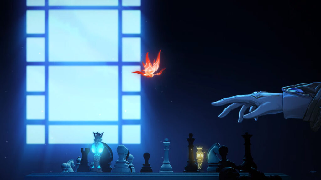 Gnosis as pieces in a chess board played by Pierro from the Fatui Harbingers in Genshin Impact