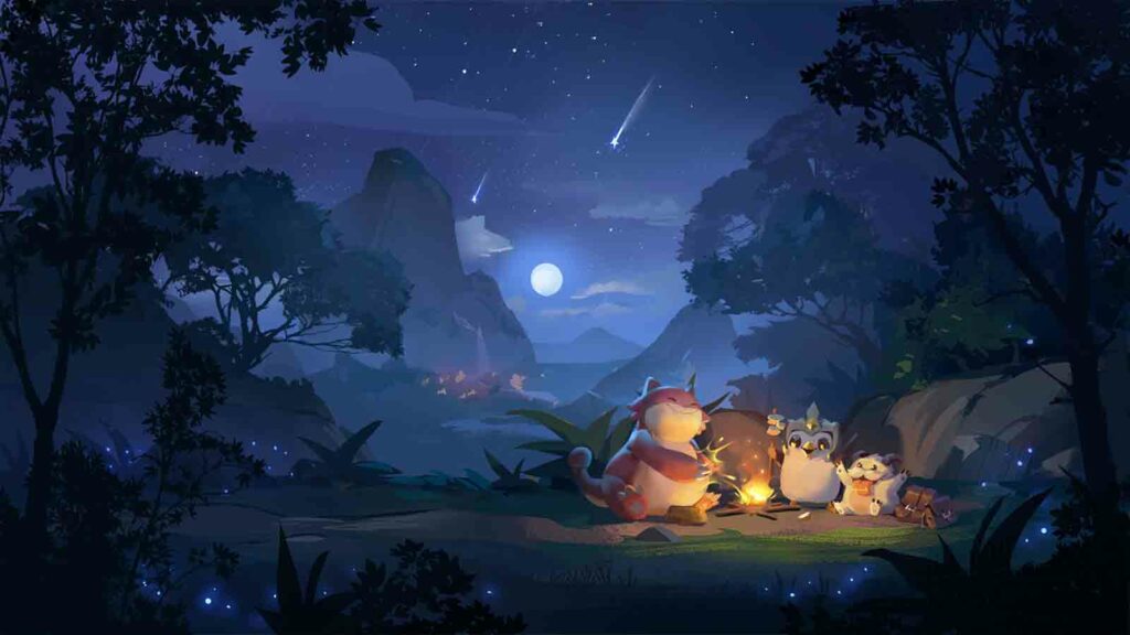 Pengu and Poro representing LoL and TFT having a campfire under the night sky
