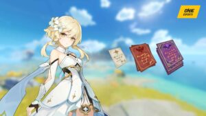 Lumine next to XP books from Genshin Impact