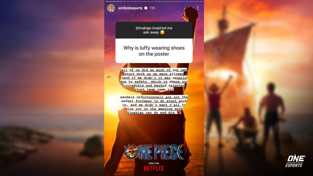 Emily Rudd, Nami's actress, explains on her Instagram stories why Luffy acor Inaki Godoy is wearing shoes and not sandals in the One Piece live-action series