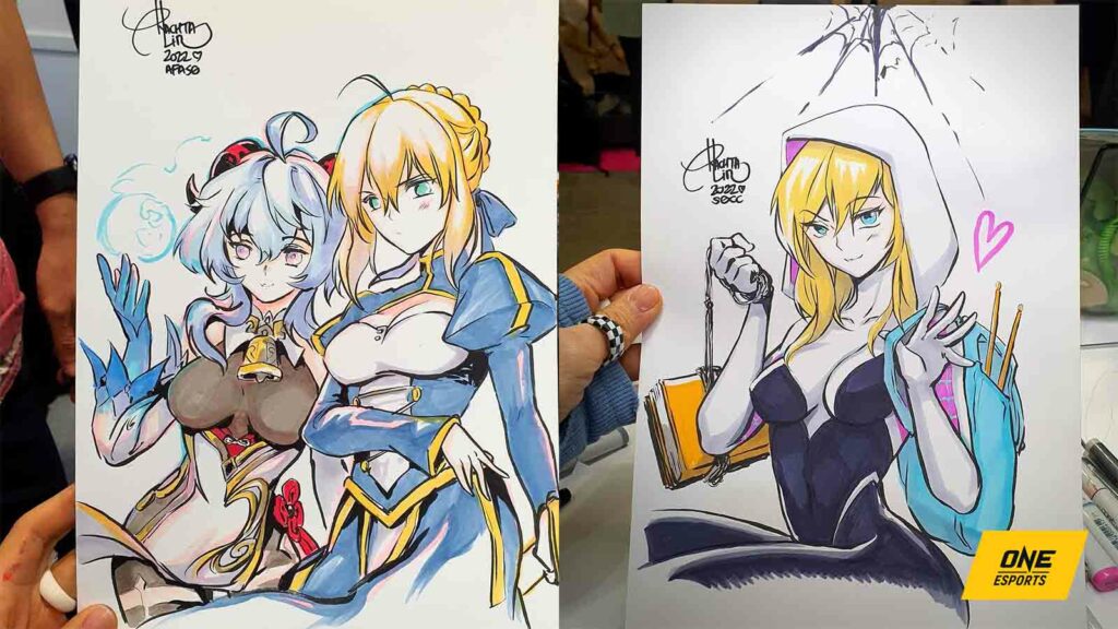 Fan art of Genshin Impact's Ganyu and Jean and Marvel's Gwen by artist Rachta Lin