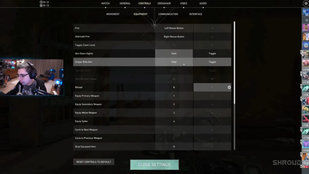 Shroud's Valorant quick scope settings