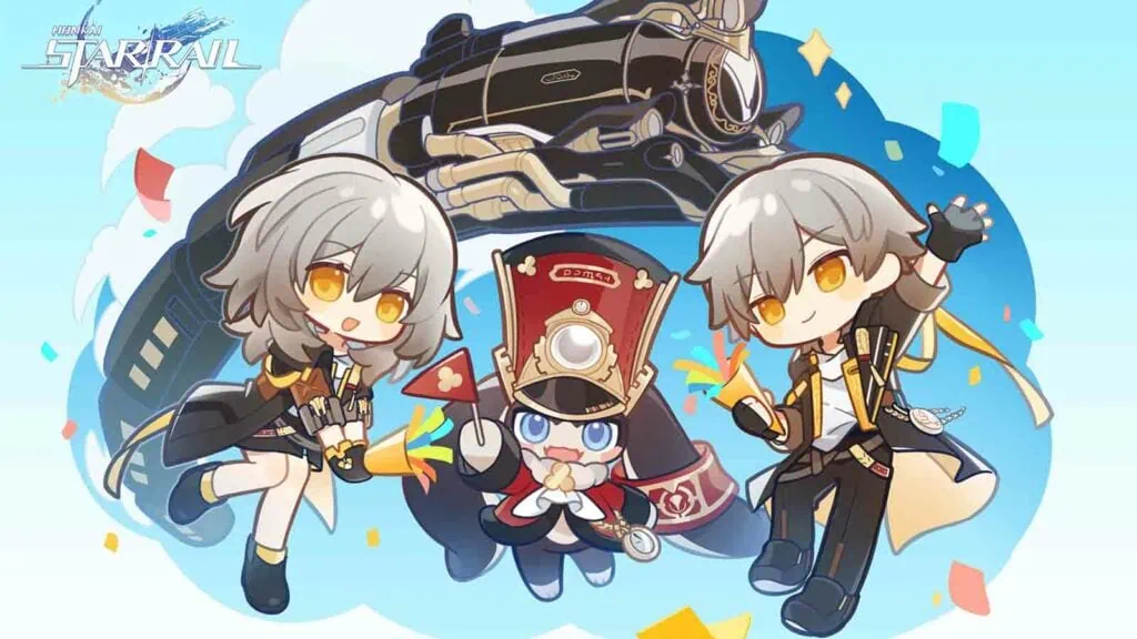 Chibi Stelle and Caelus, main characters of Honkai Star Rail, and chibi Pom-pom in official key visual