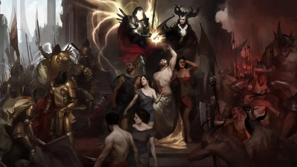 Diablo 4's Inarius and Lilith looking over the Nephilim