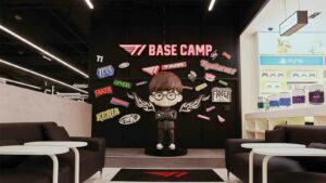 T1 PC Bang's base camp wall with Faker statue