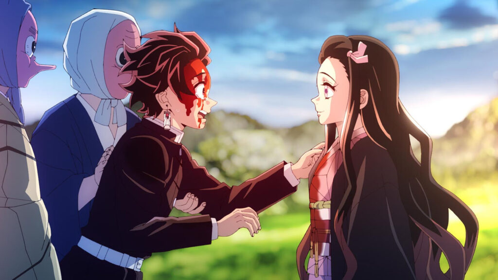 Demon Slayer Season 3 finale showing Tanjiro Kamado seeing his sister Nezuko Kamado safe