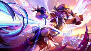 Soul Fighter Lux skin splash art -- With a flick of her hat, Lux blasts her offscreen opponent with her Soul power.