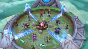 Soul Fighter event 2023 - Overhead from the Arena of the Shattered Beast, stadium attendees cheer as huge red and purple Soul power effects tear up the inner arena.