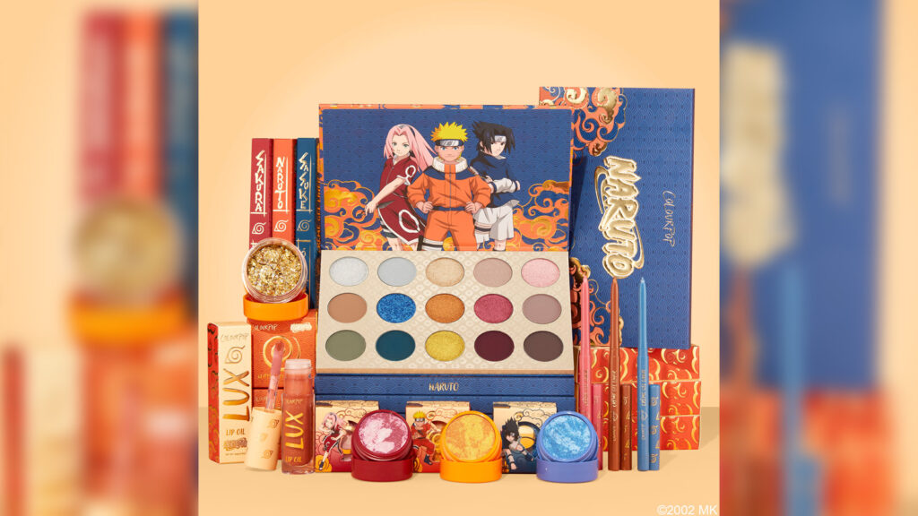 Complete and full Colourpop Naruto collection collaboration featuring eyeshadow palette, lip oils, gel liners, and individual eyeshadow jars.