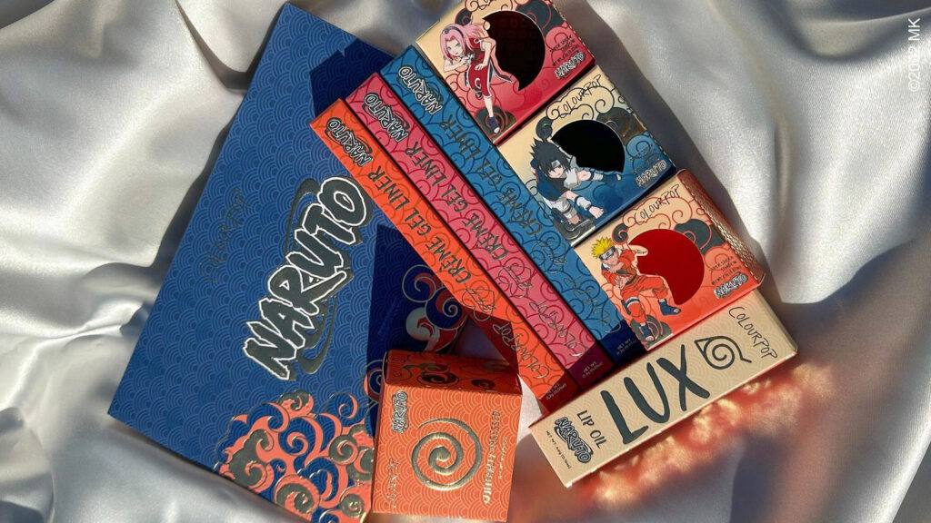 Complete and full Colourpop Naruto collection collaboration featuring eyeshadow palette, lip oils, gel liners, and individual eyeshadow jars.