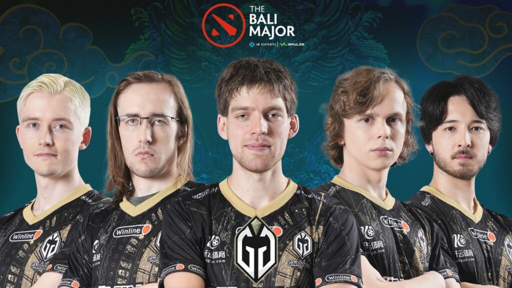 Gaimin Gladiators at the Bali Major. From left to right: Ace, Quinn, Seleri, dyrachyo, tOfu