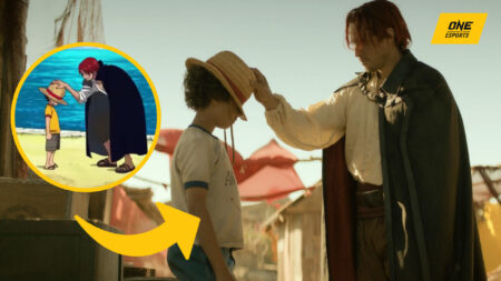 One Piece live action showing Shanks (Peter Gadiot) giving his straw hat to a young Monkey D. Luffy