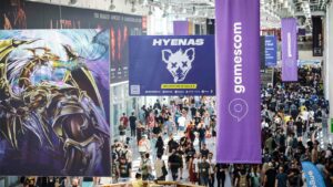 Gamescom 2022 boulevard showing the crowd and hanging banners