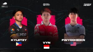 IESF 2023 competing players Kyle "KyleTzy" Sayson of SIBOL, Calvin "Vyn" of Indonesia, and Ian "FwydChckn" Hohl of USA