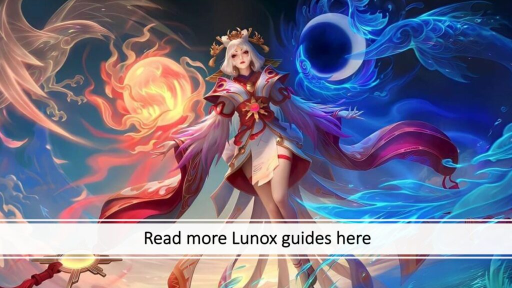 Splash art of Divine Goddess Lunox skin with the caption Read more Lunox guides here