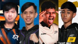 MPL MY Season 12 players Jonard "Demonkite" Caranto of RSG MY, Muhammad "CikuGais" Fuad of TODAK, Arya "Barbossa" Nazhari of HomeBois, and Muhammad "Garyy" Najmi of Team HAQ