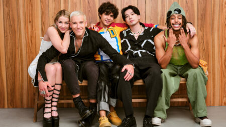 One Piece live action cast featuring Straw Hat Pirates actors Emily Rudd as Nami, Taz Skylar as Sanji, Inaki Godoy as Luffy, Mackenyu Arata as Zoro, and Jacob Gibson as Usopp.