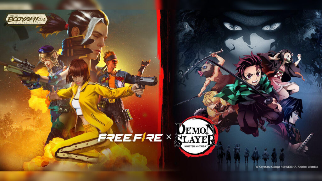 Key visual of the Free Fire x Demon Slayer collaboration for Booyah Day by Garena and ufotable