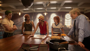 One Piece live action cast featuring Straw Hat Pirates actors Emily Rudd as Nami, Taz Skylar as Sanji, Inaki Godoy as Luffy, Mackenyu Arata as Zoro, and Jacob Gibson as Usopp.