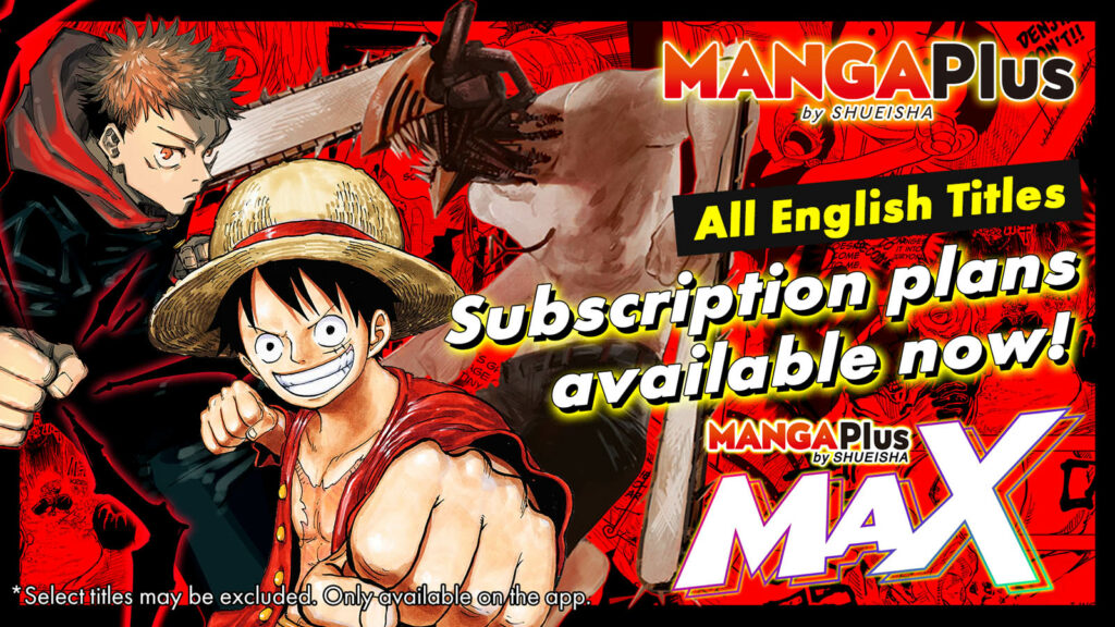Manga Plus Max by Shueisha featuring One Piece's Luffy, Jujutsu Kaisen's Yuji Itadori, and Chainsaw Man's Denji