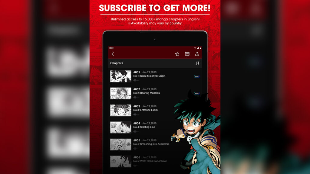 Manga Plus app by Shueisha featuring My Hero Academia chapters and volumes